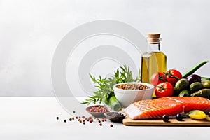 Fresh salmon fillet with ingredients for cooking on white wooden background, A healthy food clean eating selection, including fish