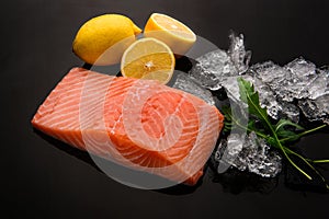 fresh salmon fillet with lemon and ice on black background for online restaurant menu 2