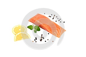 Fresh salmon fillet on the white background.