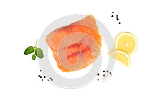 Fresh salmon fillet on the white background.
