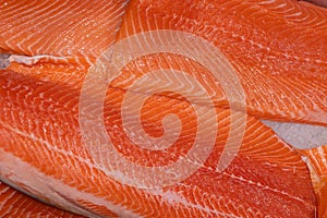 Fresh salmon fillets at seafood market