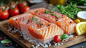 Fresh salmon and ingredients for marinade on slate plate, closeup