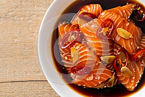 Fresh salmon raw pickled in shoyu sauce