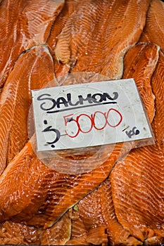 Fresh Salmon for sale in the Mercado Central. Santiago, Chile photo