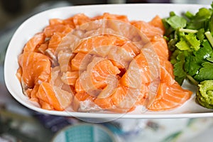 Fresh salmon sashimi in white dish on table