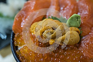 Fresh salmon and sea urchin rice bowl