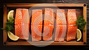 Fresh Salmon Slices On Wooden Tray - Top View Shot