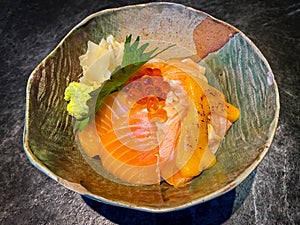 Fresh salmon slide with bowl rice
