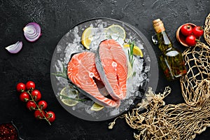 Fresh salmon steak on ice. Top view.