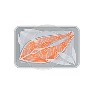 Fresh salmon steak packaging, food plastic tray container with transparent cellophane cover vector Illustration on a