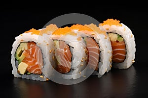 Fresh salmon sushi roll on dark background