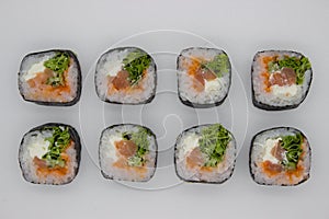 Fresh Salmon Sushi Rolls on White Background