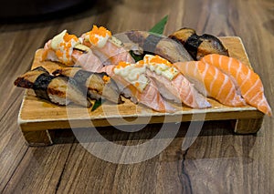 Fresh salmon sushi , salmon maki roll Japanese food restaurant,