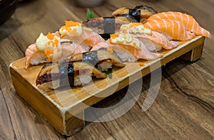 Fresh salmon sushi , salmon maki roll Japanese food restaurant,