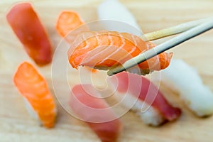 Fresh salmon sushi , salmon maki roll Japanese food restaurant, salmon sushi on plate.