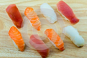 Fresh salmon sushi , salmon maki roll Japanese food restaurant, salmon sushi on plate.
