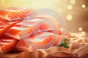 Fresh salmon or trout fish fillet on ice, ready for cooking. Storing fresh chilled fish. Close-up