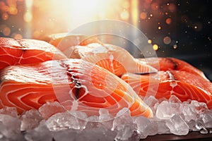 Fresh salmon or trout fish fillet on ice, ready for cooking. Storing fresh chilled fish. Close-up