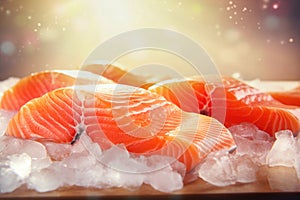 Fresh salmon or trout fish fillet on ice, ready for cooking. Storing fresh chilled fish. Close-up