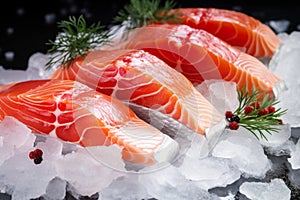 Fresh salmon or trout fish fillet on ice, ready for cooking. Storing fresh chilled fish. Close-up