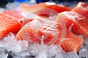 Fresh salmon or trout fish fillet on ice, ready for cooking. Storing fresh chilled fish. Close-up