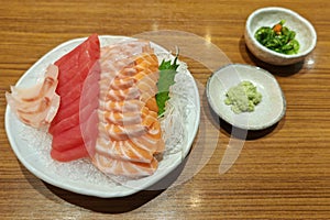 Fresh salmon, tuna, red snapper sashimi in Japanese restaurant