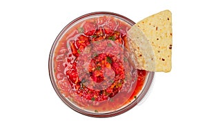 Fresh salsa dip and Corn chips, nachos on white isolated background. Home made recipe: tomatoes, onions, cilantro, hot jalapeno pe