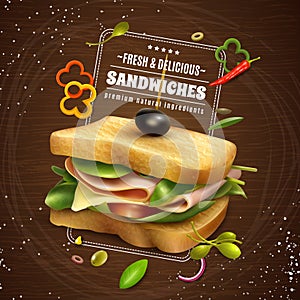 Fresh Sandwich Wooden Background Advertisement Poster
