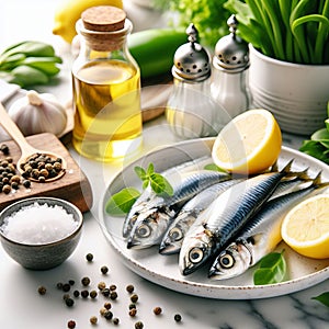 Fresh sardine fish on a plate with lemon, herbs and spices for cooking a dish for lunch or dinner