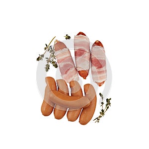 fresh sausage and bacon wrapped sausage with clipping path