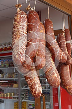 Fresh sausages in a butcher's shop