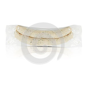 Fresh sausages in plastic bags cut out isolated white background with clipping path