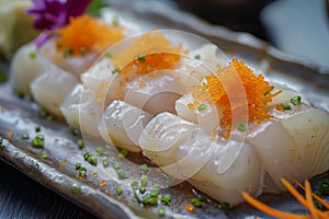 Fresh Scallop Sushi with Vibrant Fish Roe Topping on a Slate Serving Platter Garnished with Herbs and Edible Flowers Close Up