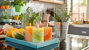 The fresh scent of citrus and herbs fills the air emanating from the colorful array of candles displayed on a modern
