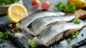 Fresh Sea Bass Fillets with Lemon and Herbs on Slate