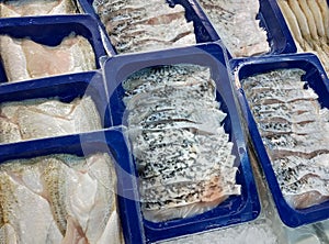 Fresh Sea bass fish fillets packed in plastic trays