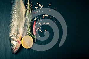 Fresh sea fish lying on dark background with spices. Space for text photo
