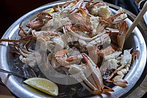 Fresh seafood Blue Sandcrab and lemon in ice Bucket.