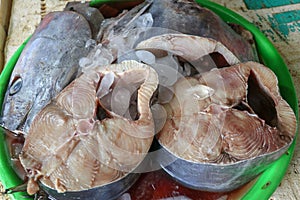 Fresh seafood on ice at the fish market. Fresh fish selling in the fish market in Jimbaran - Traditional local Pasar Ikan