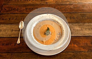 Fresh Seafood meal of Lobster bisque soup in a bowl