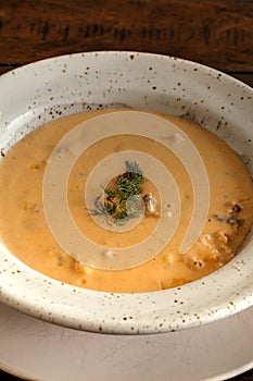 Fresh Seafood meal of Lobster bisque soup in a bowl