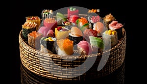 Fresh seafood meal, rolled up maki sushi plate generated by AI