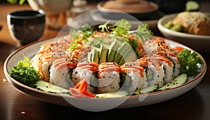 Fresh seafood meal sushi, sashimi, salad, rice, avocado, ginger generated by AI