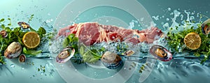 Fresh Seafood and Meat Ingredients Splashing in Water with Herbs and Spices for Gourmet Cuisine