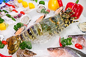 Fresh seafood mixed with various kinds of sea animals, including fish, shrimp, shellfish, arranged on ice and decorated with Vario