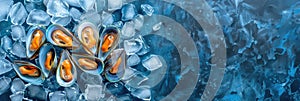 fresh seafood, mussels lying on crushed ice, ice cubes, food preservation, blue background,