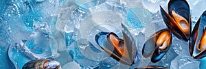 fresh seafood, mussels lying on crushed ice, ice cubes, food preservation, blue background,