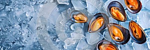 fresh seafood, mussels lying on crushed ice, ice cubes, food preservation, blue background,