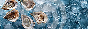 fresh seafood, oysters lying on crushed ice, ice cubes, food preservation, blue background,