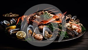 Fresh seafood plate with cooked prawn, mussel, and scampi appetizer generated by AI